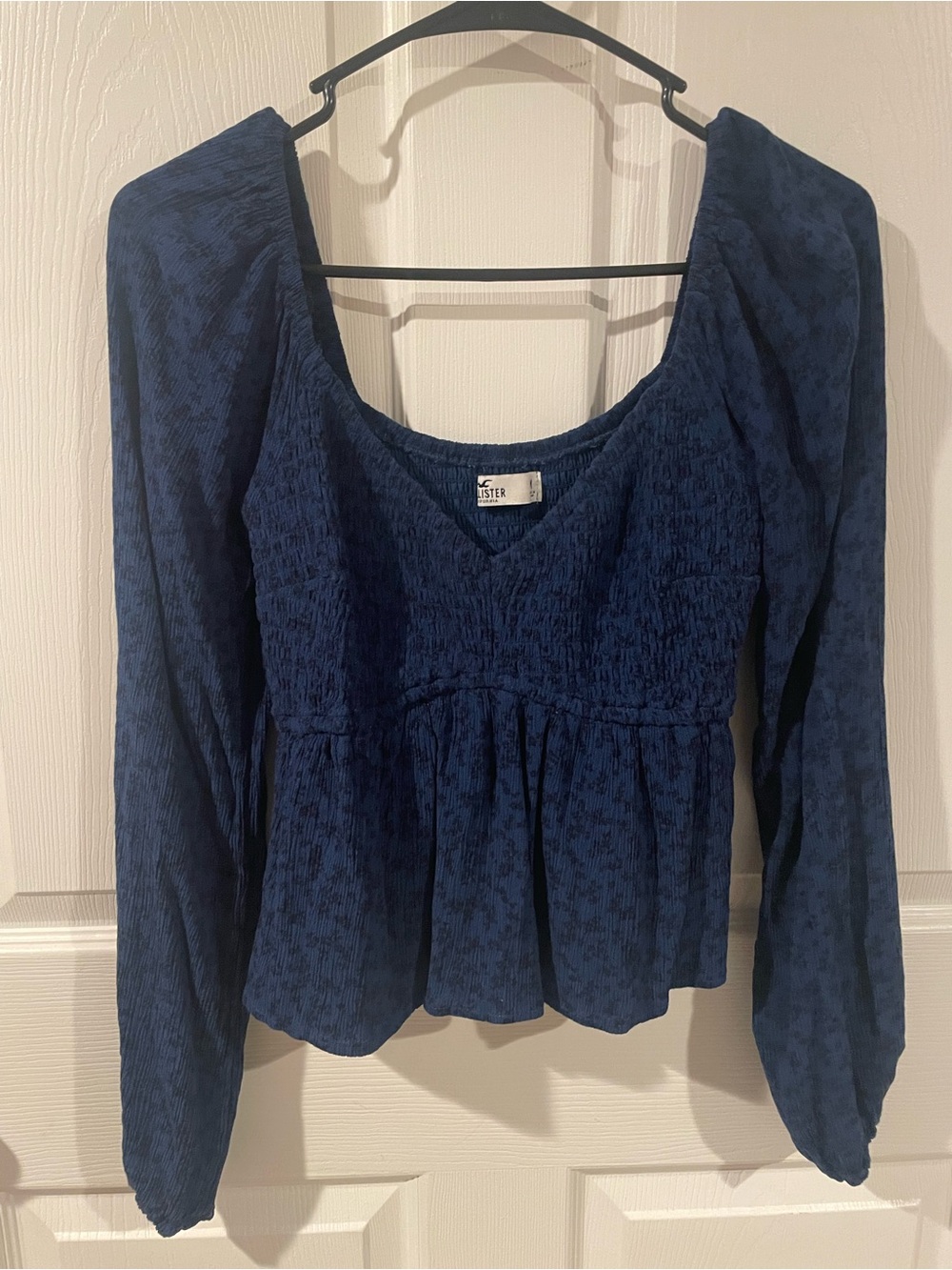 Hollister Deep Navy Smocked V-Neck Peplum Blouse